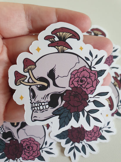 Skull with Mushrooms & Flowers Vinyl Stickers Magick Dark Academia Fairy Witch