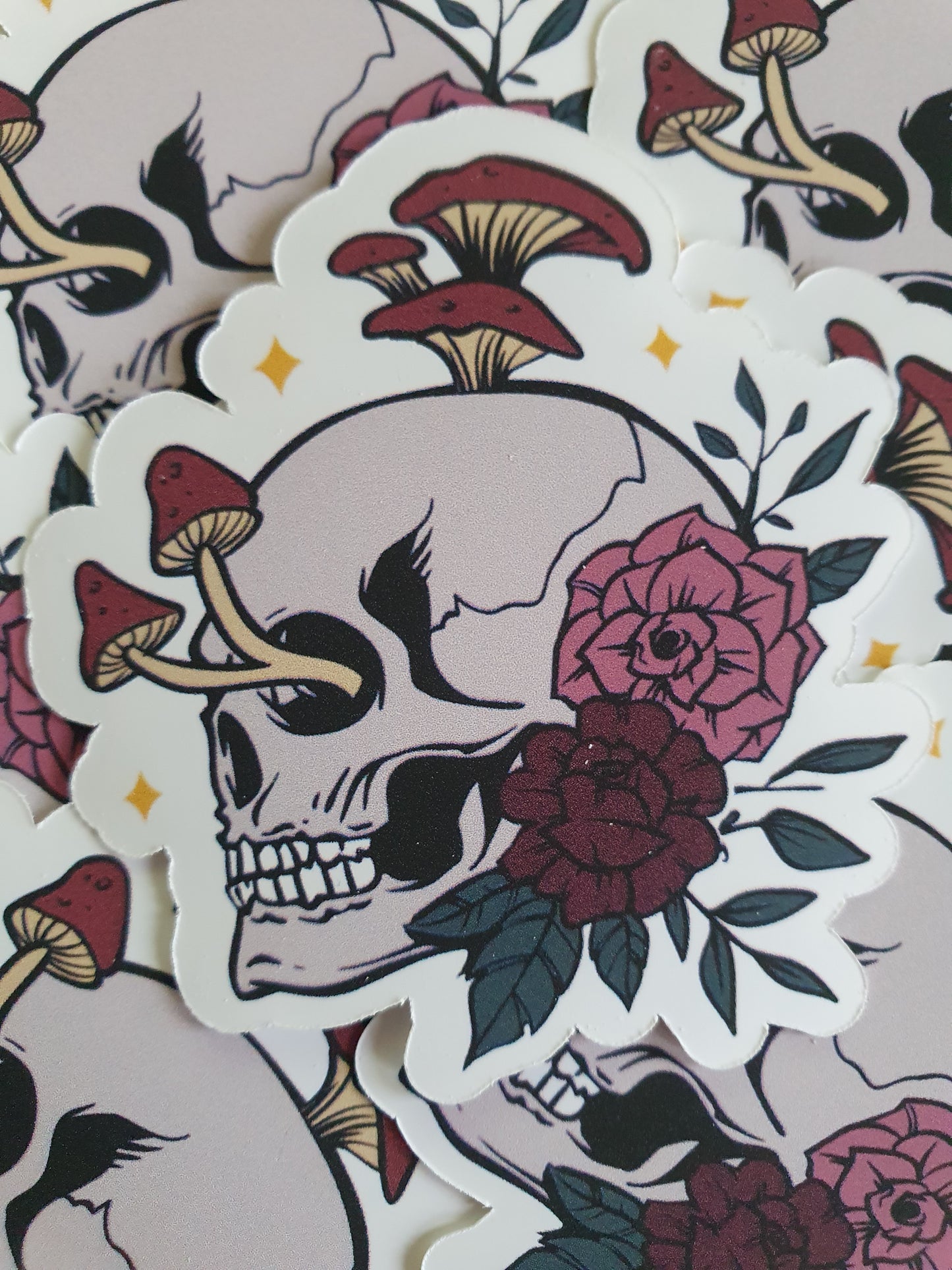 Skull with Mushrooms & Flowers Vinyl Stickers Magick Dark Academia Fairy Witch