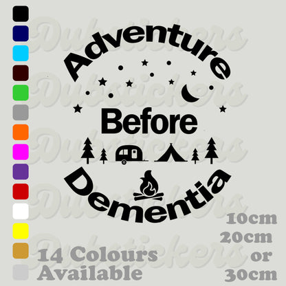 Adventure Before Dementia wording with campsite, trees, stars and moon