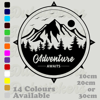 Adventure Awaits with mountians, trees, birds and the sun inside a compass