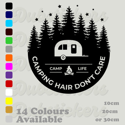 Caravan, trees and camp fire with the words Camping Hair Don't Care