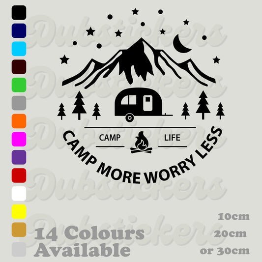 Mountains, moon & stars, camper trees and the words camp more worry less