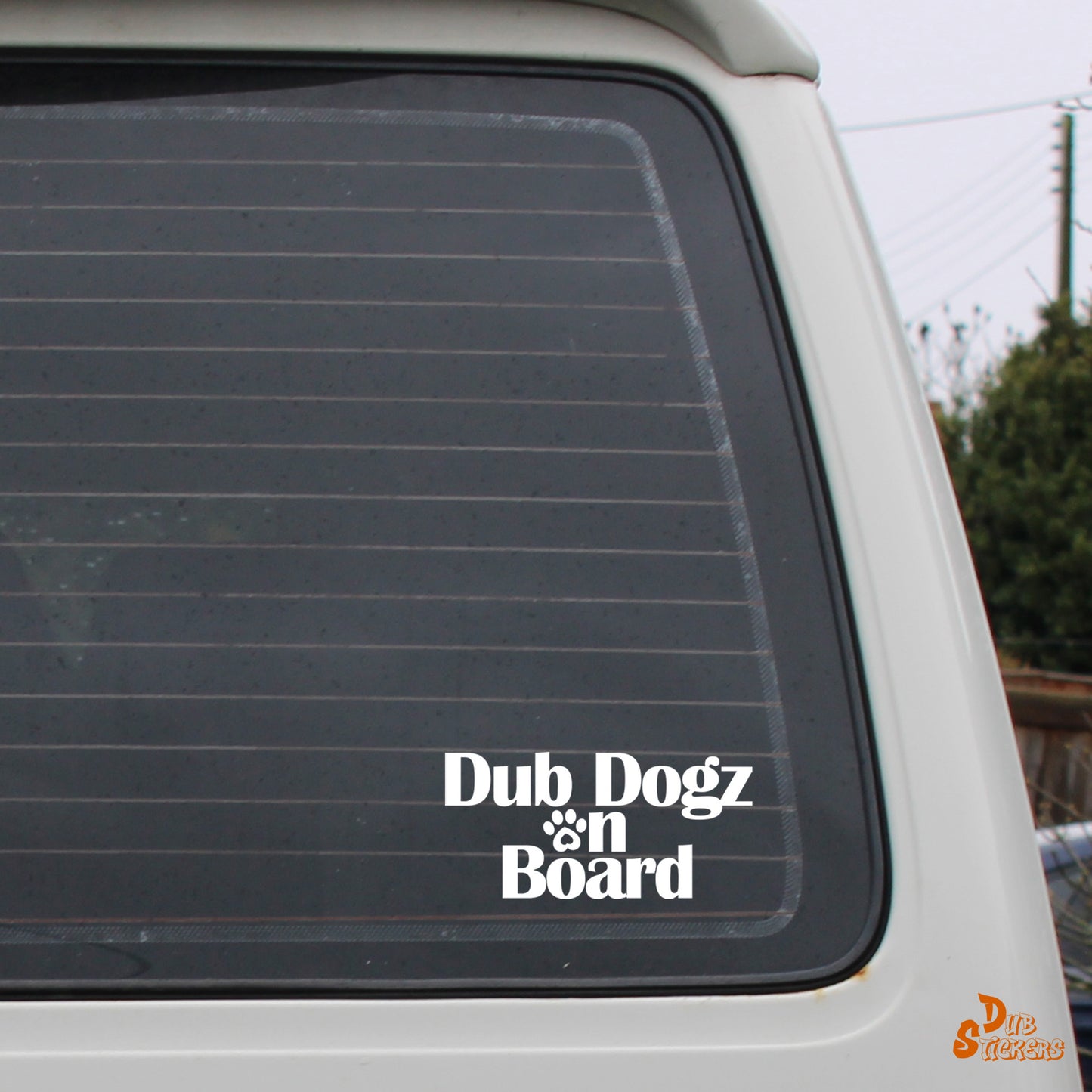 Dub Dogz On Board Decal, White On Campervan