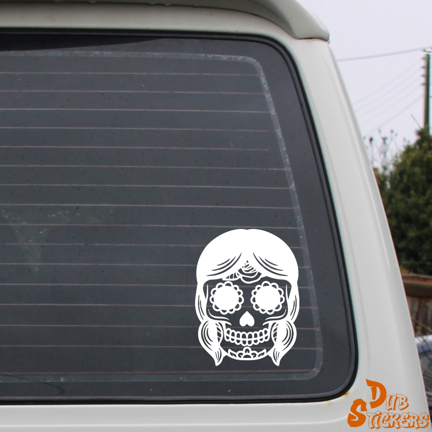 Sugar Skull Day Of The Dead w Hair Decal Vinyl Waterpoof Sticker Campervan Laptop Window