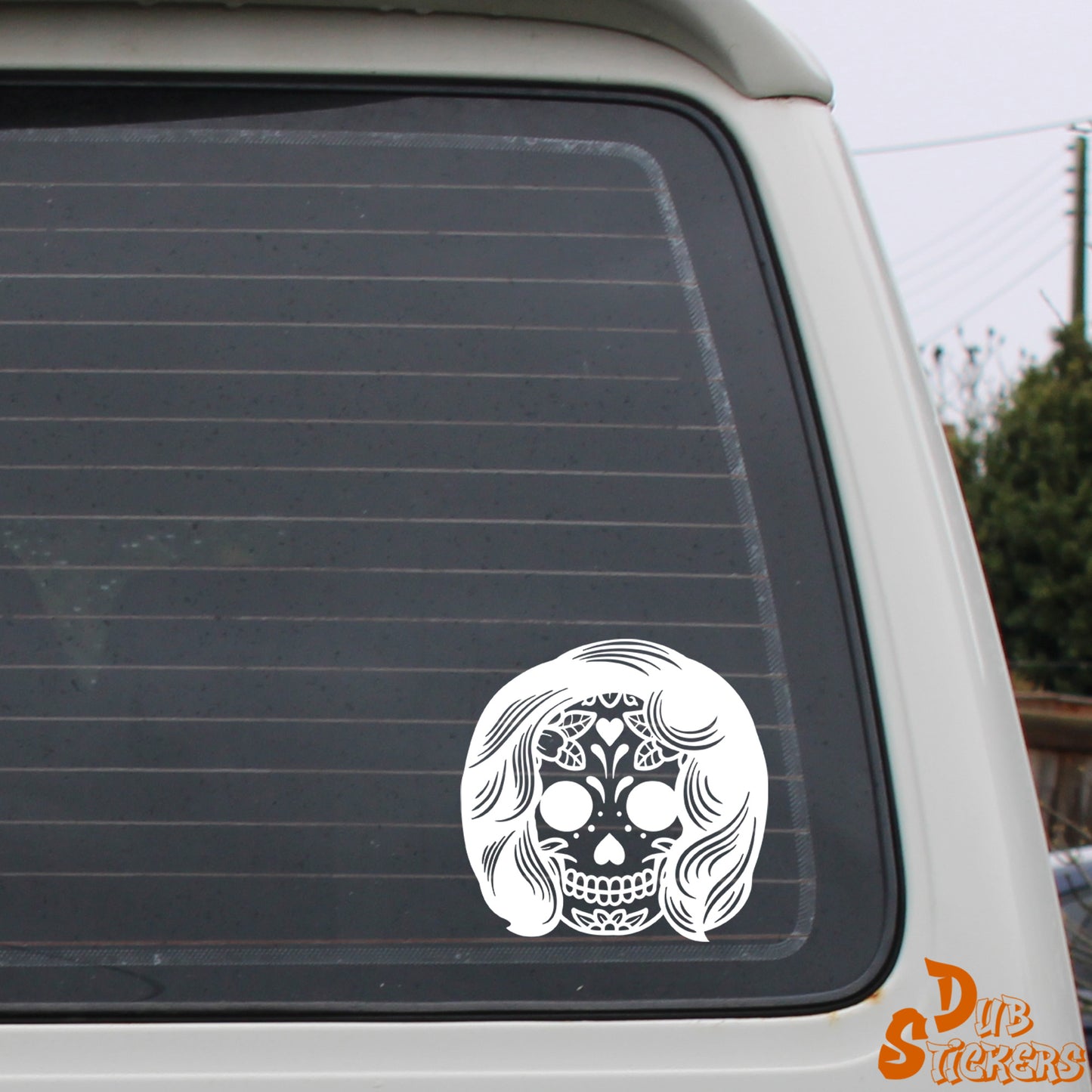 Sugar Skull Day Of The Dead w Hair Decal Vinyl Waterpoof Sticker Campervan Laptop Window