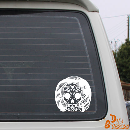 Sugar Skull Day Of The Dead w Hair Decal Vinyl Waterpoof Sticker Campervan Laptop Window