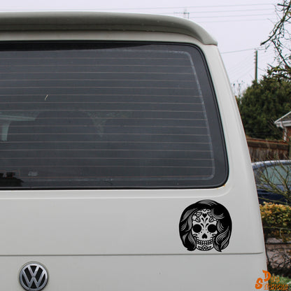 Sugar Skull Day Of The Dead w Hair Decal Vinyl Waterpoof Sticker Campervan Laptop Window