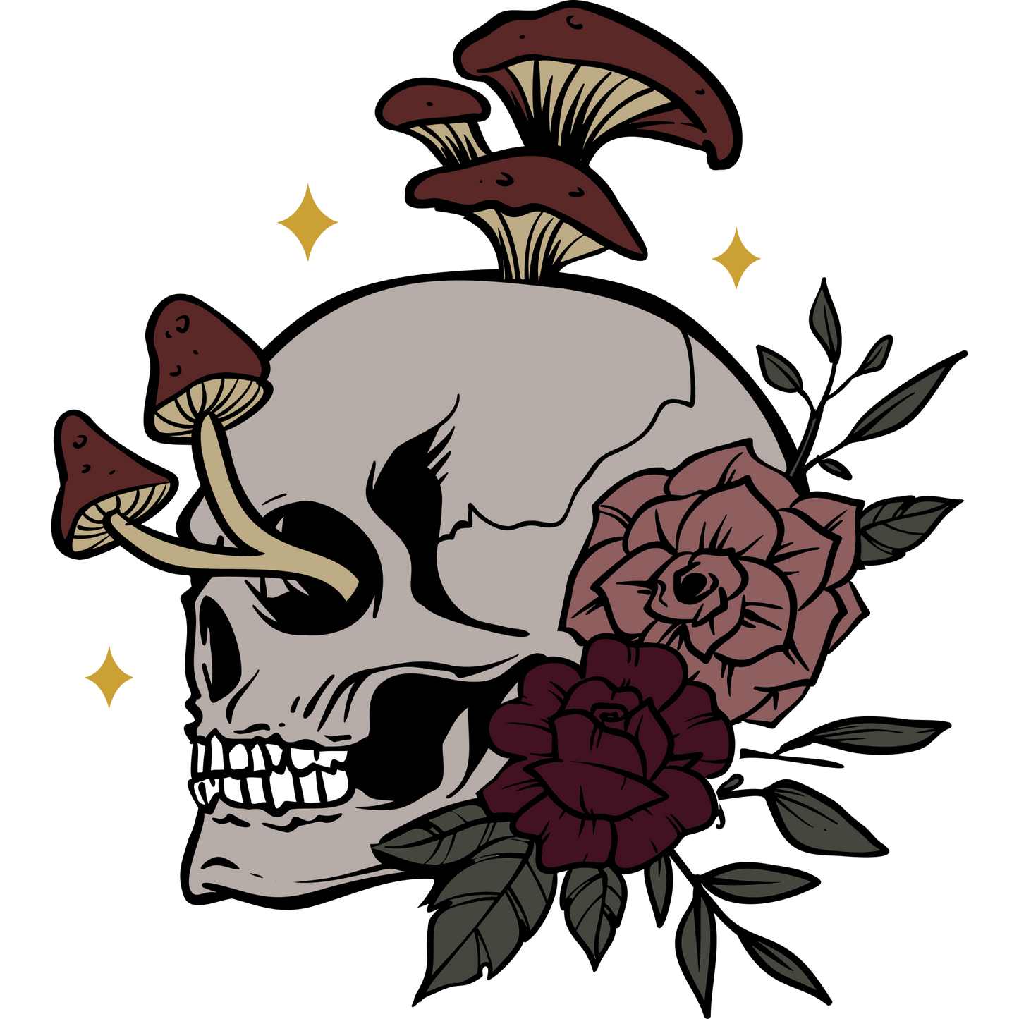 Skull with Mushrooms & Flowers Vinyl Stickers Magick Dark Academia Fairy Witch