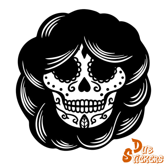 Sugar Skull Day Of The Dead w Hair Decal Vinyl Waterpoof Sticker Campervan Laptop Window